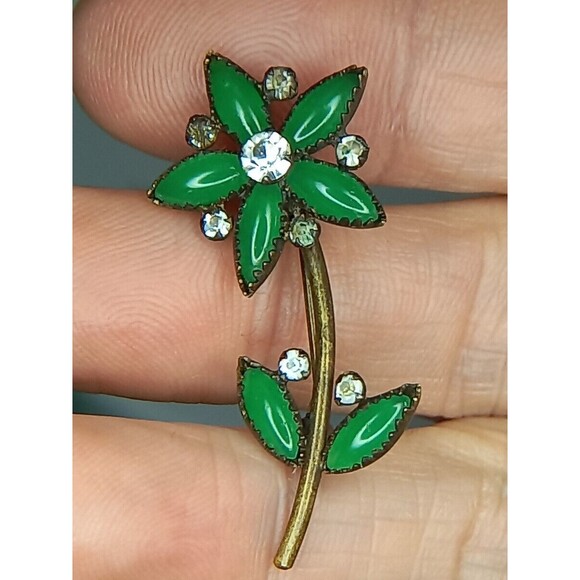 Antique Flower Brooch Green Stone  Old C Clasp - Picture 10 of 10